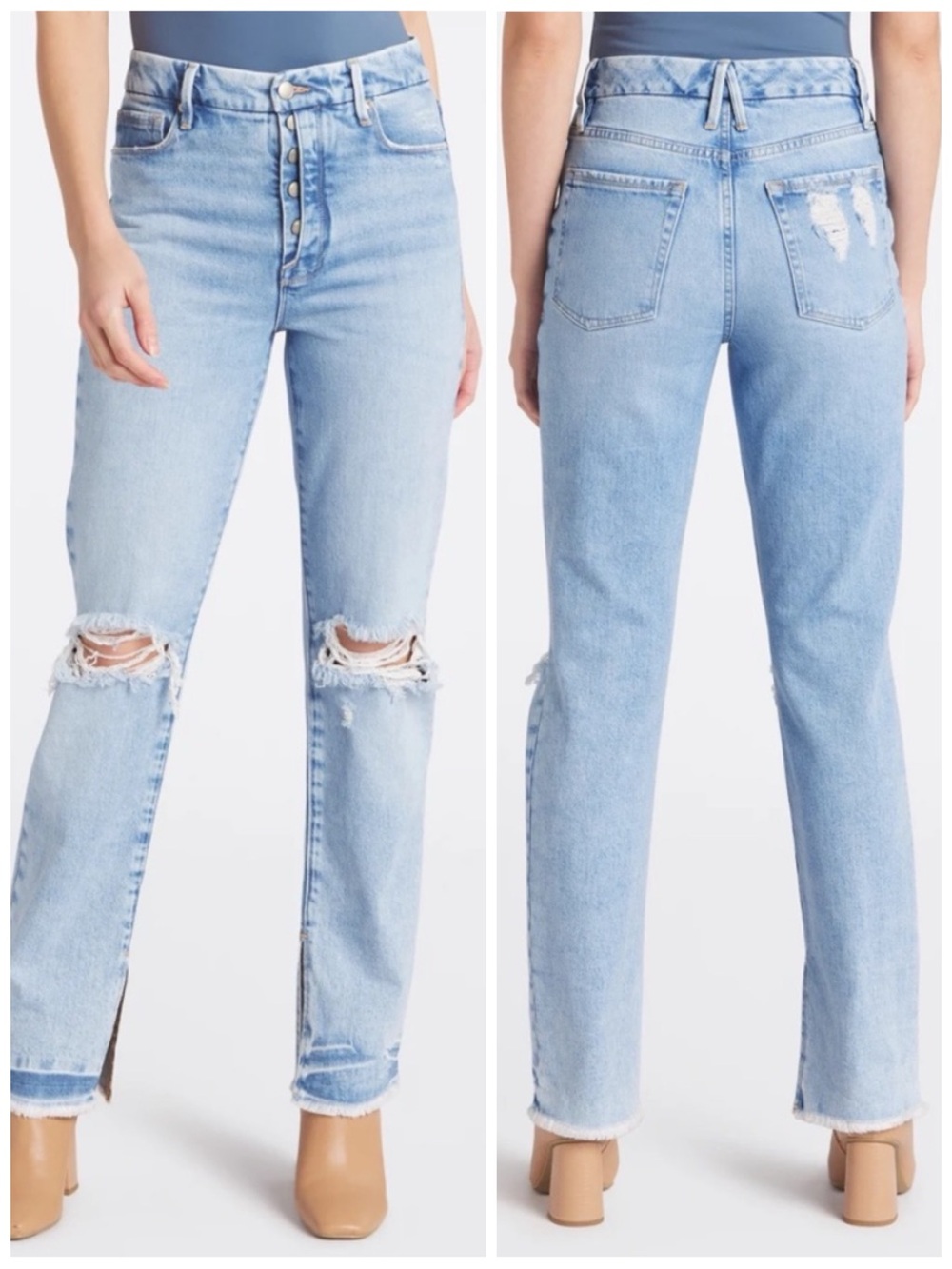 GOOD AMERICAN Women’s Size 6/28 Indigo Good Boy‎ Straight Leg Raw Slit Hem Jeans